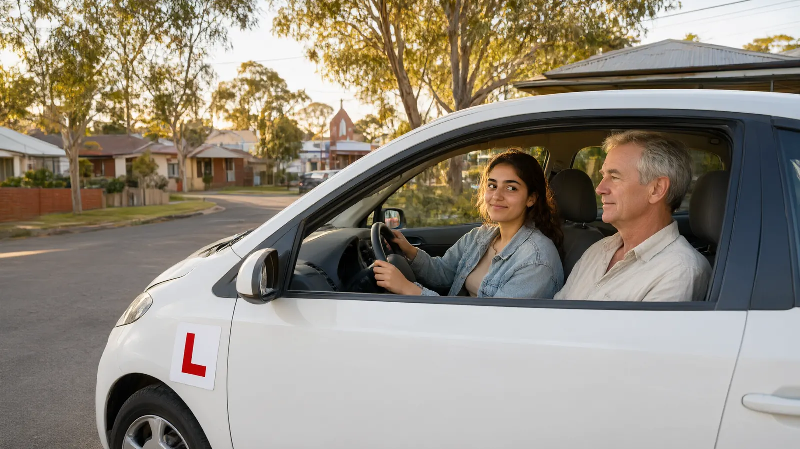 A young learner driver and her volunteer mentor in a car on a quiet Liverpool street at golden hour