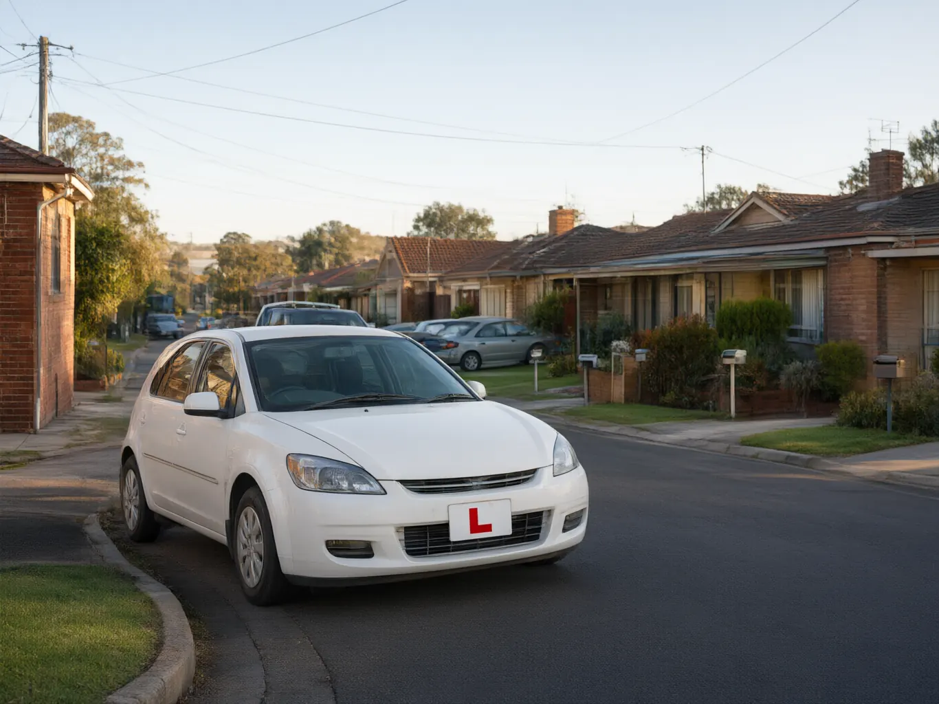A learner-plated car driving along a quiet suburban street in Liverpool