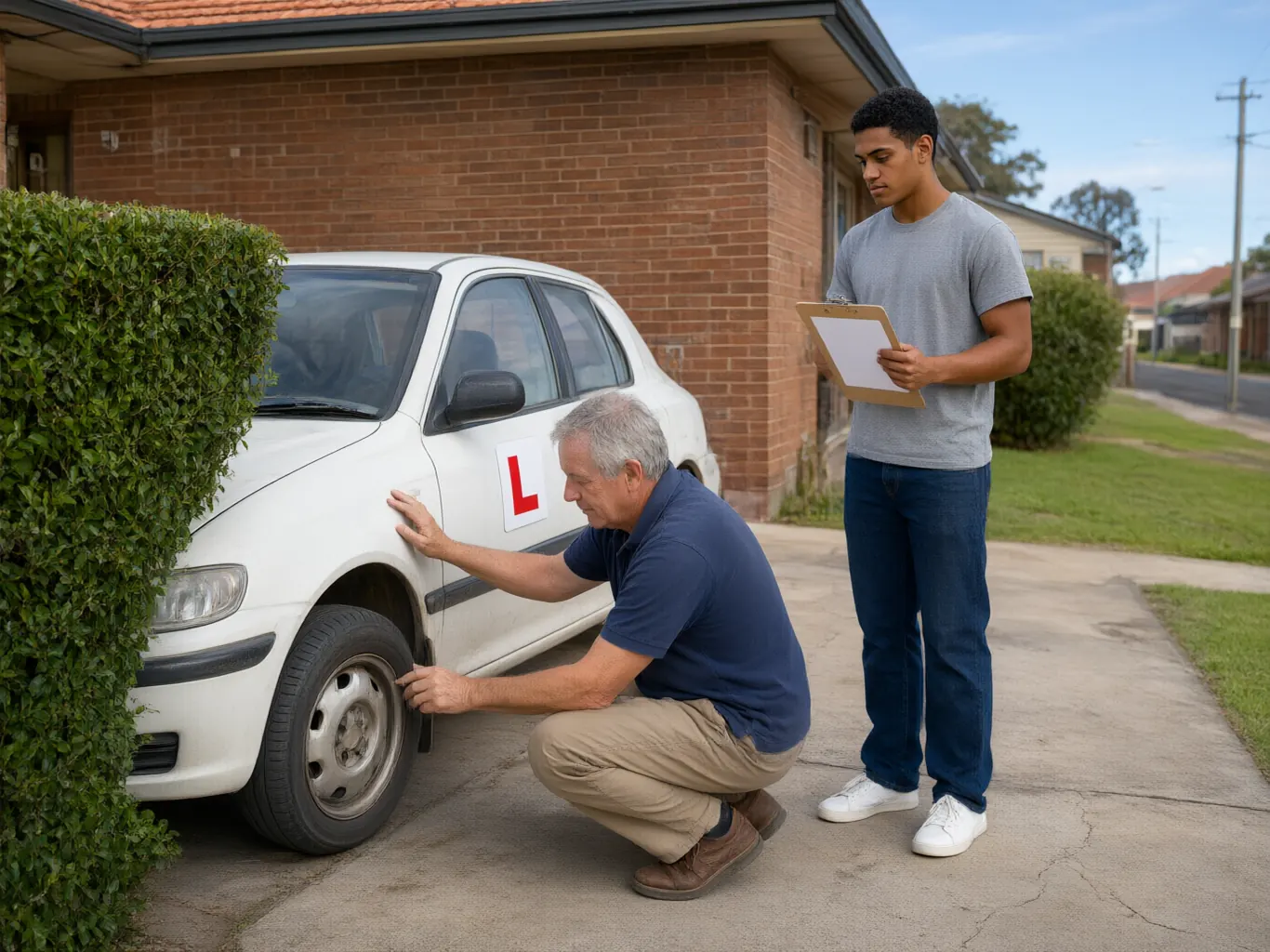 A volunteer mentor checking a tyre while a young learner watches with a clipboard