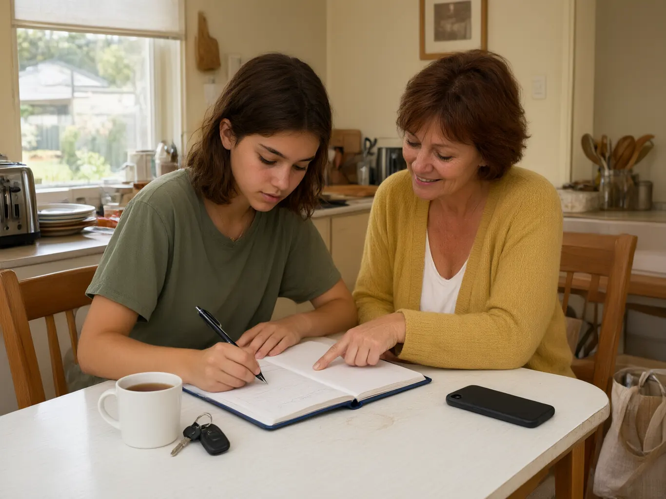 A young learner and her mother recording supervised driving hours in a logbook at the kitchen table