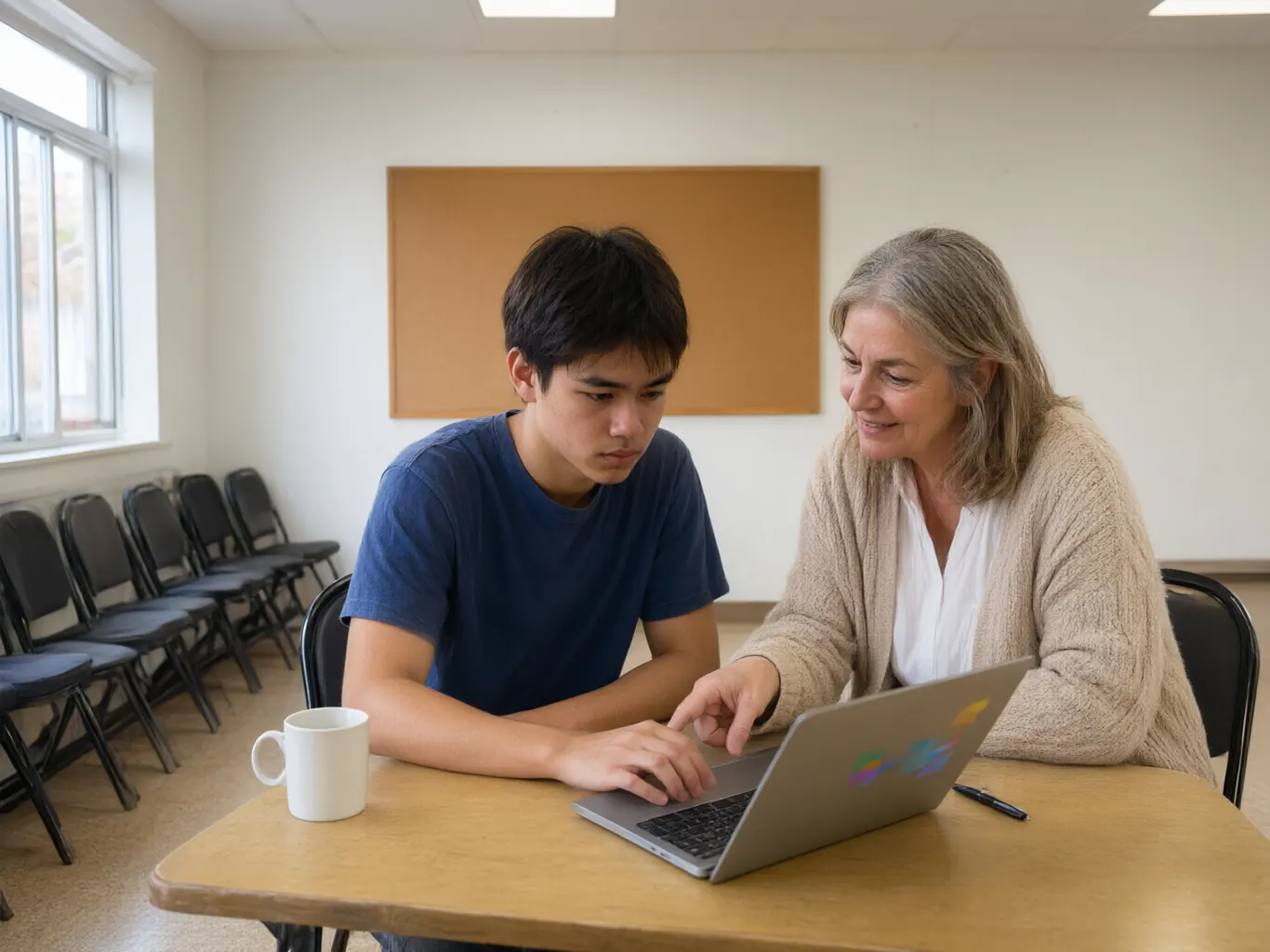 A young learner practising the knowledge test on a laptop with a volunteer at a community centre