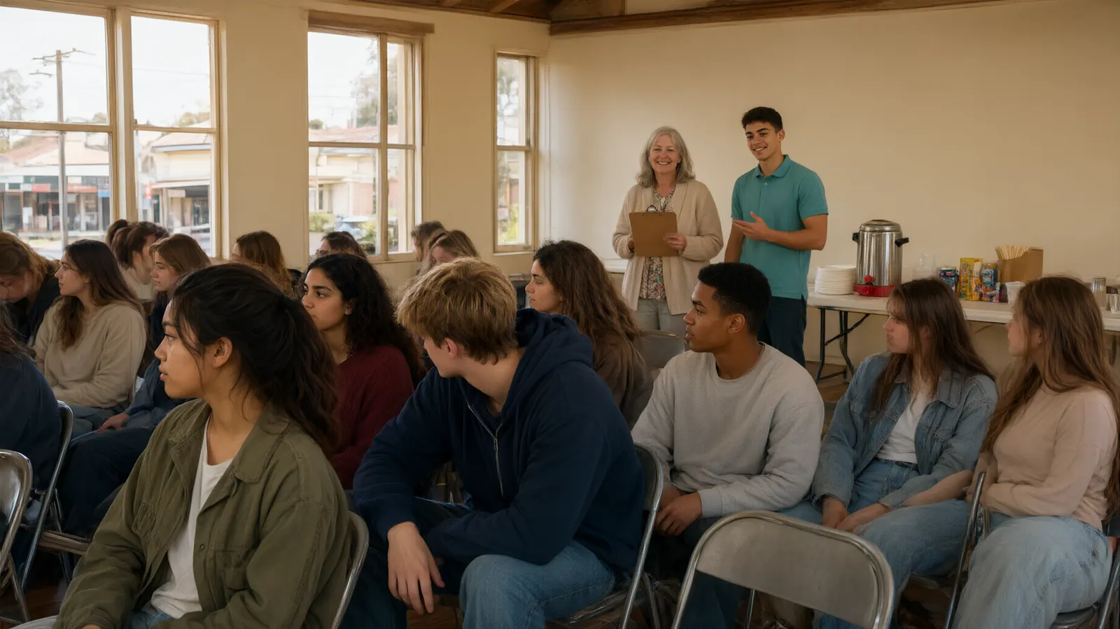 Young people and volunteers gathered in a community hall for a welcome session