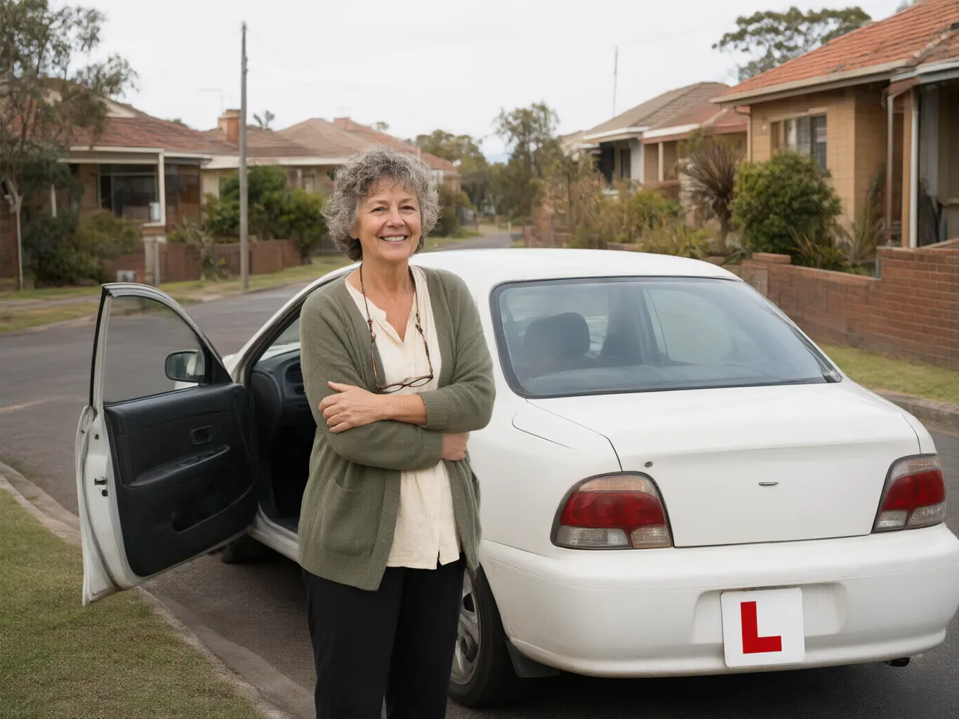A smiling volunteer mentor standing beside a learner-plated car