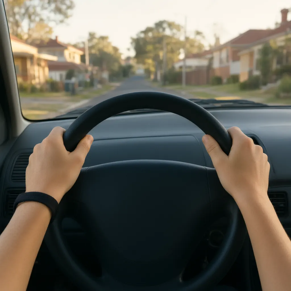 A learner's hands placed correctly on the steering wheel