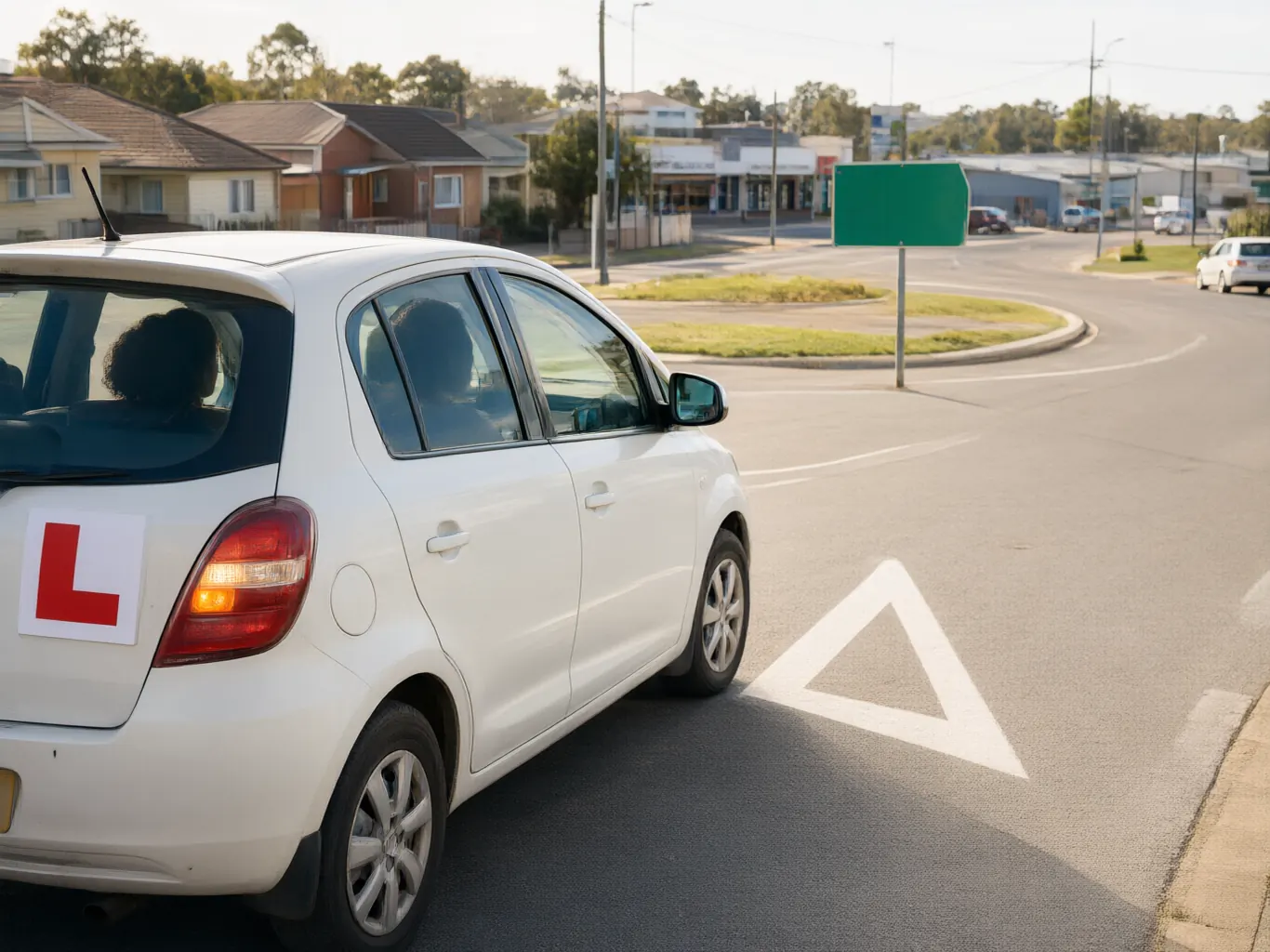 A learner-plated car waiting at a suburban roundabout during a lesson