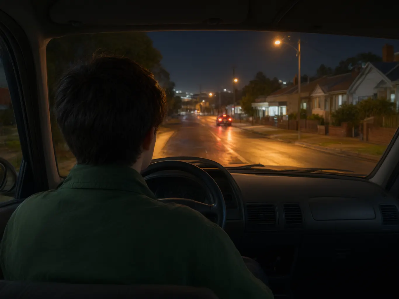 A learner driving at night on a wet suburban street during supervised hours