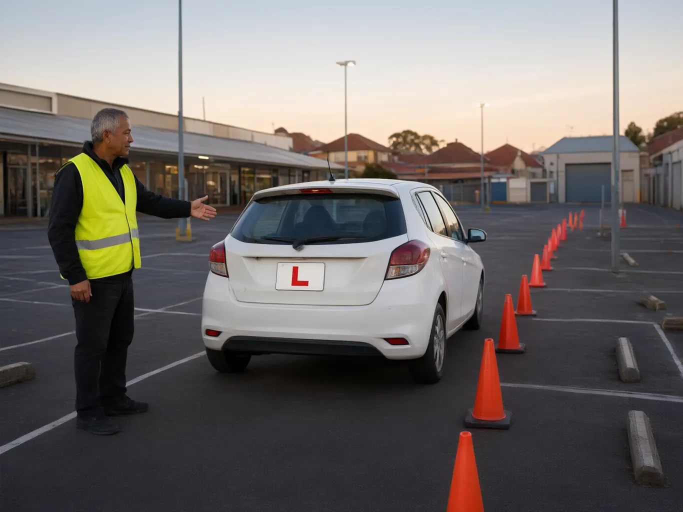 A learner reversing between cones in an empty car park while a mentor guides from beside the car