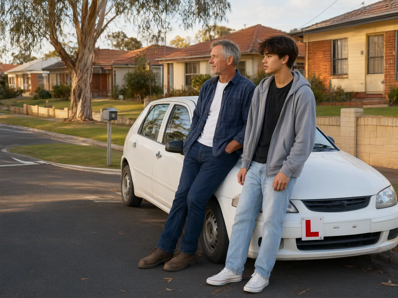 A mentor and a young learner talking beside a parked car after a lesson