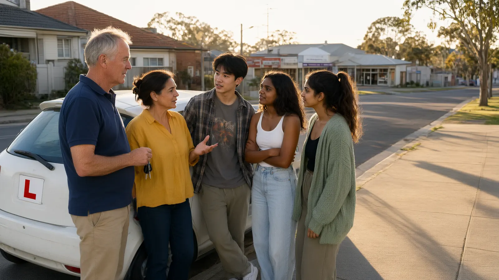 Learners and volunteer mentors gathered around a learner-plated car at golden hour